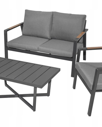 Aliuminiai sodo baldai: sofa, du foteliai ir staliukas
