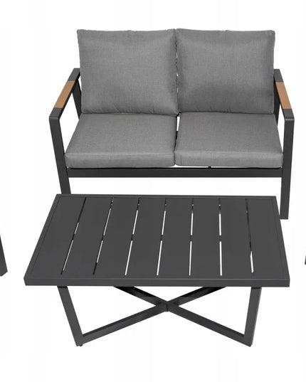Aliuminiai sodo baldai: sofa, du foteliai ir staliukas