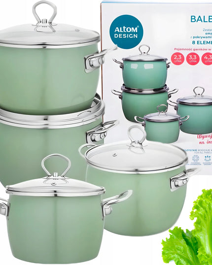 Altom Design emaliuotų puodų rinkinys, 8 dalys, žalia spalva, indukcijai ir dujoms