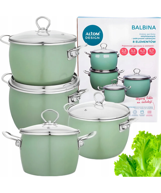 Altom Design emaliuotų puodų rinkinys, 8 dalys, žalia spalva, indukcijai ir dujoms