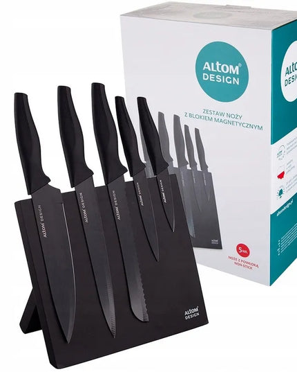 Altom Design indaplovių rinkinys, 5 virtuviniai peiliai juodame magnetiniame bloke