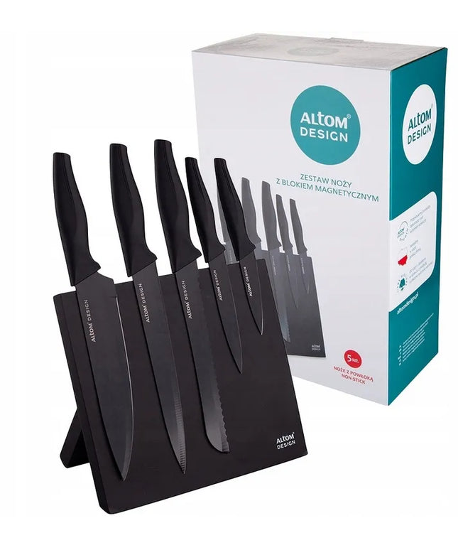 Altom Design indaplovių rinkinys, 5 virtuviniai peiliai juodame magnetiniame bloke