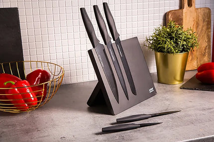 Altom Design indaplovių rinkinys, 5 virtuviniai peiliai juodame magnetiniame bloke