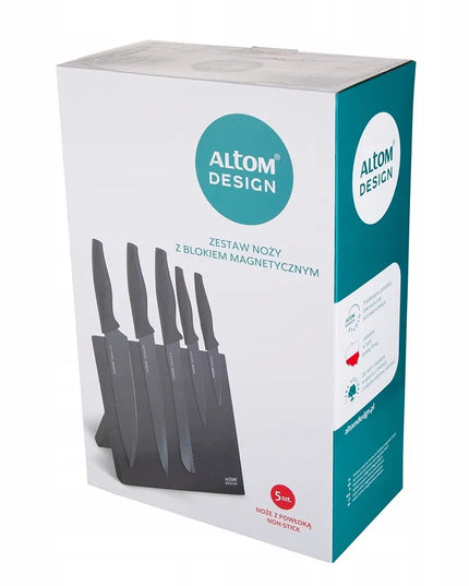 Altom Design indaplovių rinkinys, 5 virtuviniai peiliai juodame magnetiniame bloke