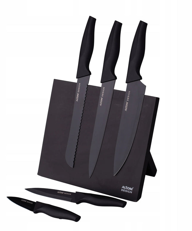 Altom Design indaplovių rinkinys, 5 virtuviniai peiliai juodame magnetiniame bloke