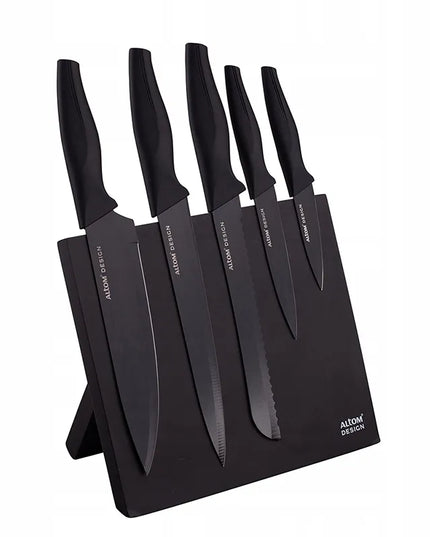 Altom Design indaplovių rinkinys, 5 virtuviniai peiliai juodame magnetiniame bloke