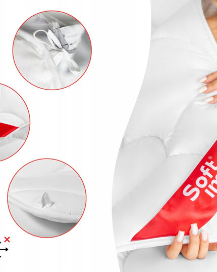 Antialerginė žieminė antklodė 200x220 SOFTIMI – šilta, stora ir lengva pūkų tipo antklodė iš mikropluošto su silikoniniu užpildu, tinkama alergiškiems žmonėms, pagaminta Lenkijoje