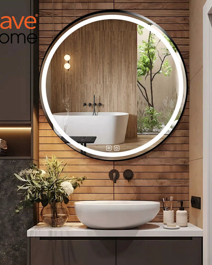 Apvalus 60 cm LED vonios veidrodis su jutikliniu valdymu, nuo rasojimo apsaugota funkcija ir 3 šviesos spalvomis
