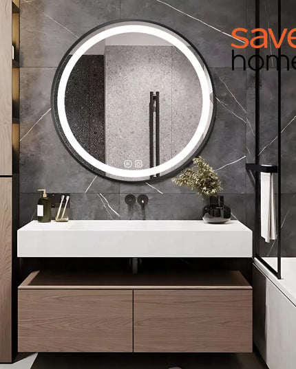 Apvalus 60 cm LED vonios veidrodis su jutikliniu valdymu, nuo rasojimo apsaugota funkcija ir 3 šviesos spalvomis
