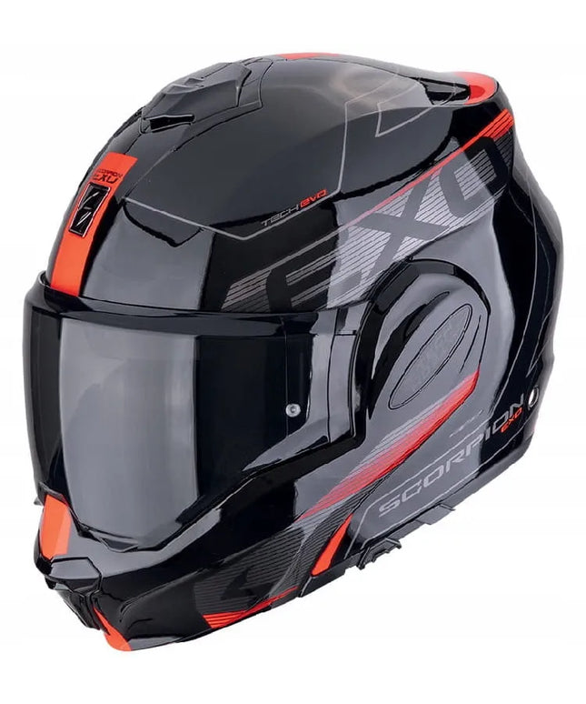 Atverčiamas motociklininko šalmas Scorpion Exo-Tech Evo Traveller Black Red, dydis M