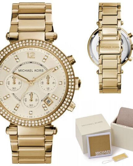 Auksinis moteriškas laikrodis Michael Kors MK5354 Parker su cirkoniais ir dovanų dėžute