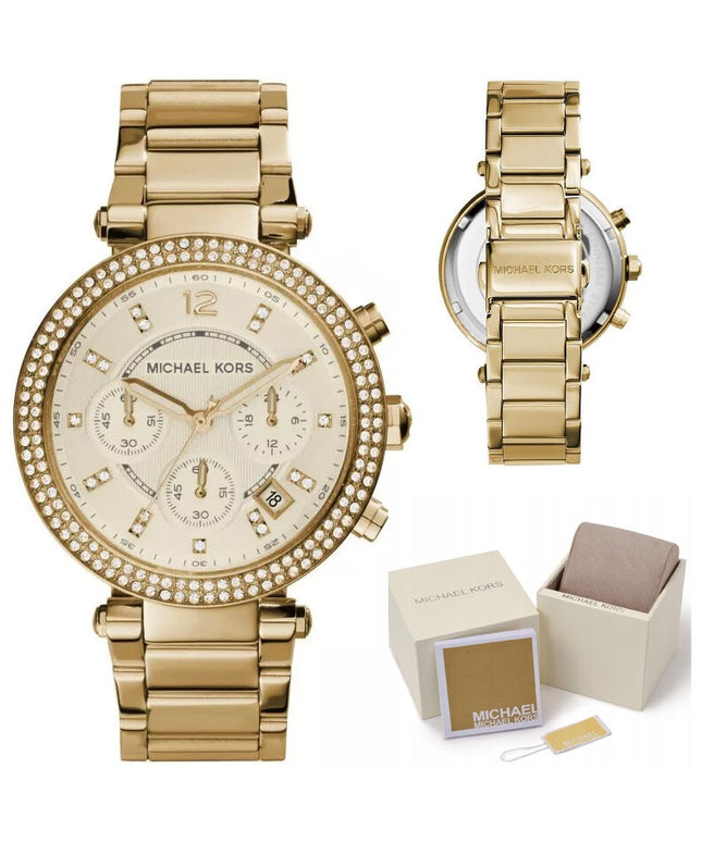 Auksinis moteriškas laikrodis Michael Kors MK5354 Parker su cirkoniais ir dovanų dėžute