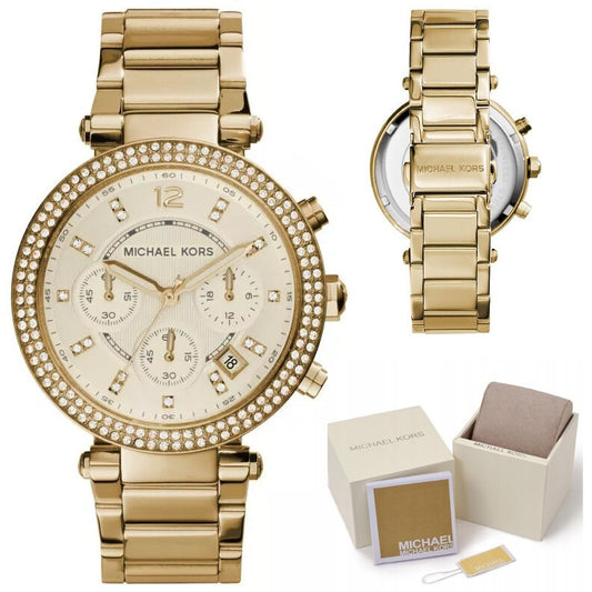 Auksinis moteriškas laikrodis Michael Kors MK5354 Parker su cirkoniais ir dovanų dėžute