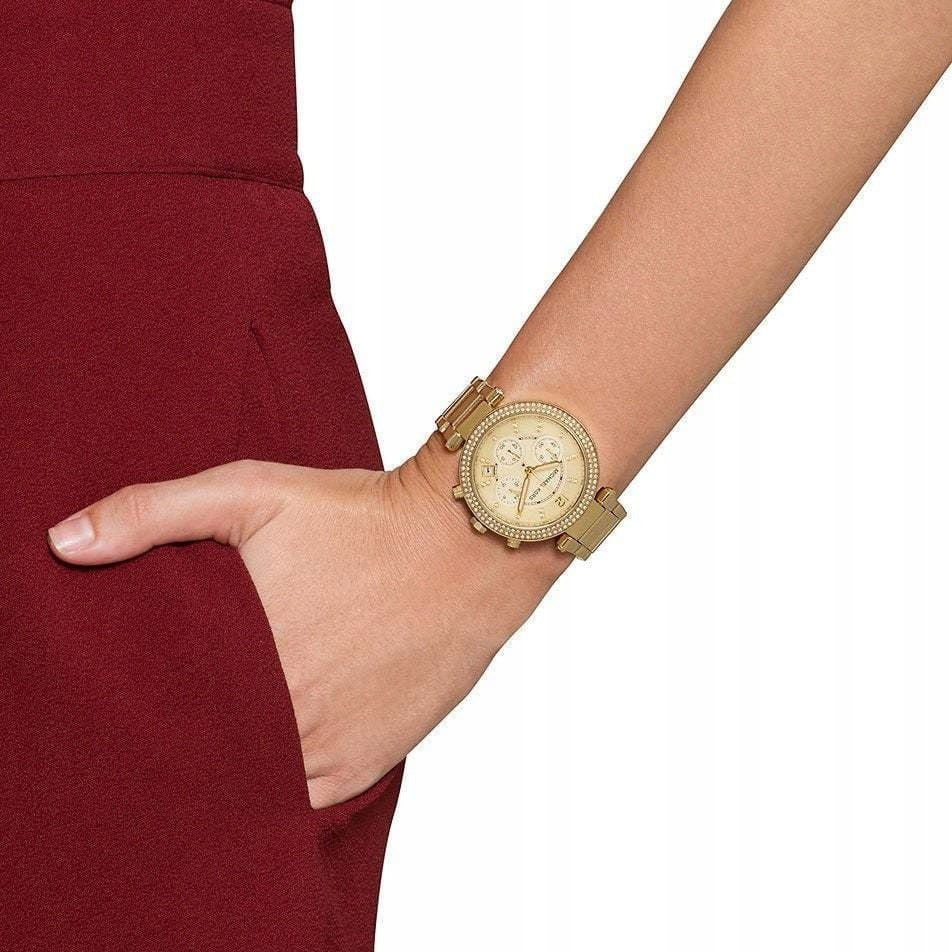 Auksinis moteriškas laikrodis Michael Kors MK5354 Parker su cirkoniais ir dovanų dėžute