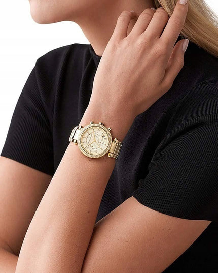 Auksinis moteriškas laikrodis Michael Kors MK5354 Parker su cirkoniais ir dovanų dėžute