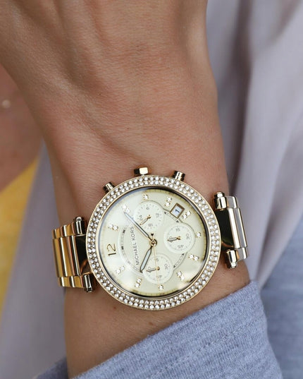 Auksinis moteriškas laikrodis Michael Kors MK5354 Parker su cirkoniais ir dovanų dėžute