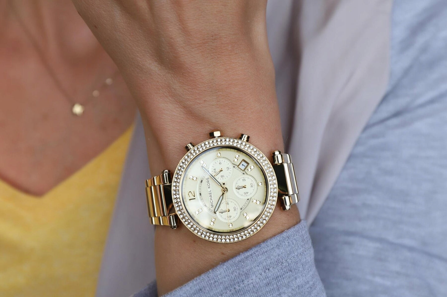 Auksinis moteriškas laikrodis Michael Kors MK5354 Parker su cirkoniais ir dovanų dėžute