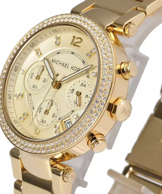 Auksinis moteriškas laikrodis Michael Kors MK5354 Parker su cirkoniais ir dovanų dėžute