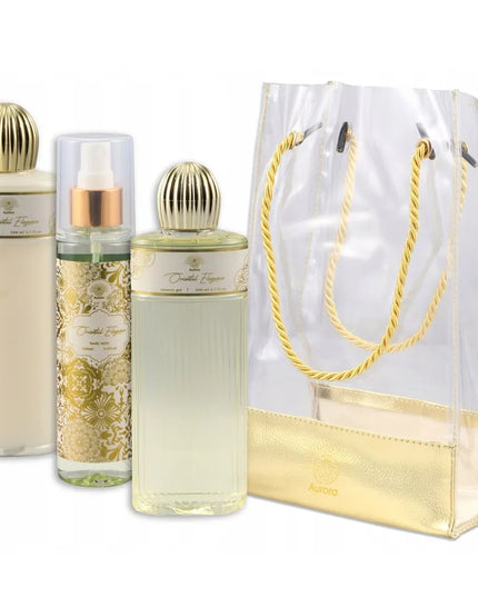 AURORA auksinis dovanų rinkinys – 3 kosmetikos priemonės elegantiškame krepšelyje (jazminų aromatas)