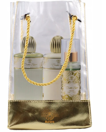 AURORA auksinis dovanų rinkinys – 3 kosmetikos priemonės elegantiškame krepšelyje (jazminų aromatas)