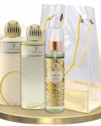 AURORA auksinis dovanų rinkinys – 3 kosmetikos priemonės elegantiškame krepšelyje (jazminų aromatas)