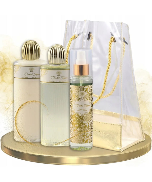AURORA auksinis dovanų rinkinys – 3 kosmetikos priemonės elegantiškame krepšelyje (jazminų aromatas)