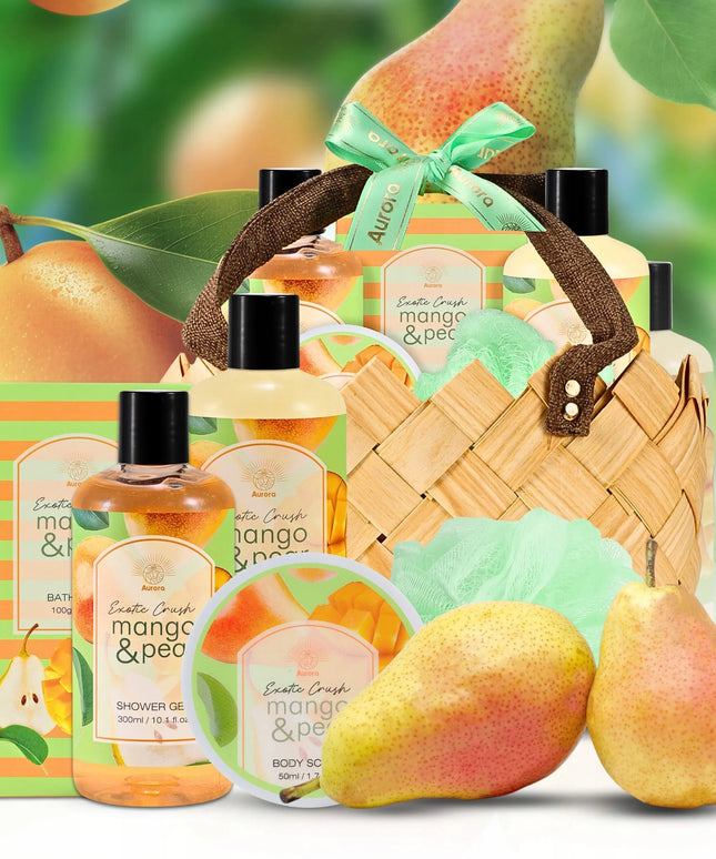 AURORA dovanų rinkinys, 5 kosmetikos priemonės su mango ir kriaušių aromatu, pintame krepšelyje
