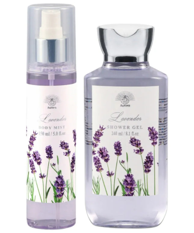 AURORA dovanų rinkinys krepšelyje: dušo želė, kūno dulksna ir vonios druska Lavender