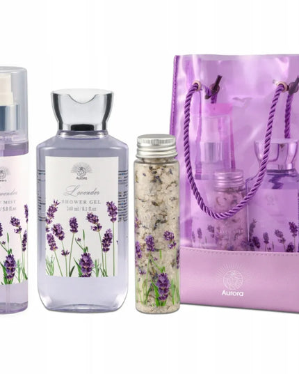 AURORA dovanų rinkinys krepšelyje: dušo želė, kūno dulksna ir vonios druska Lavender