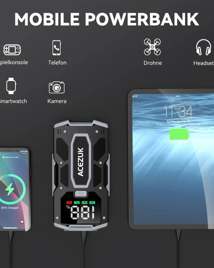 Automobilio Užvedėjas – Galingas Šuolių Starteris 5000A 12V Akumuliatoriaus Pakrovėjas iki 7.0L Benzino arba 5.5L Dyzelio Su LED Žibintuvėliu ir LCD Ekranu