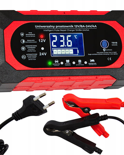 Automatinis akumuliatoriaus įkroviklis 12V/24V 8A su LCD ekranu ir akumuliatoriaus atnaujinimo funkcija – greitas, saugus ir universalus