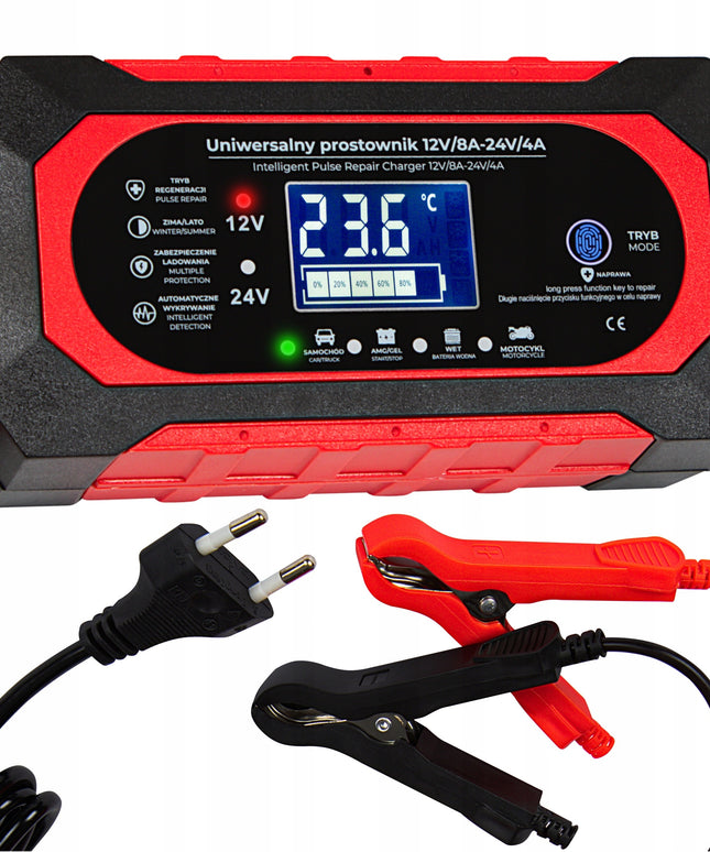 Automatinis akumuliatoriaus įkroviklis 12V/24V 8A su LCD ekranu ir akumuliatoriaus atnaujinimo funkcija – greitas, saugus ir universalus