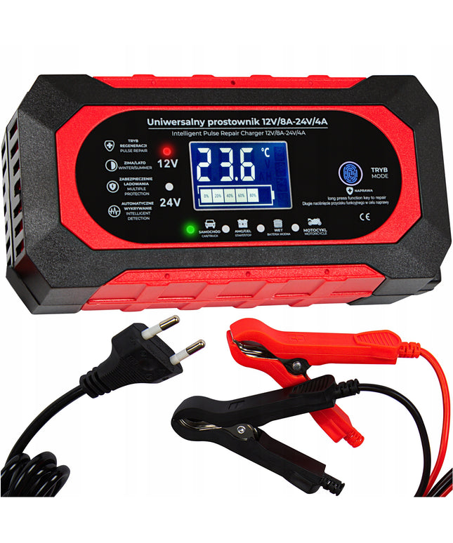 Automatinis akumuliatoriaus įkroviklis 12V/24V 8A su LCD ekranu ir akumuliatoriaus atnaujinimo funkcija – greitas, saugus ir universalus