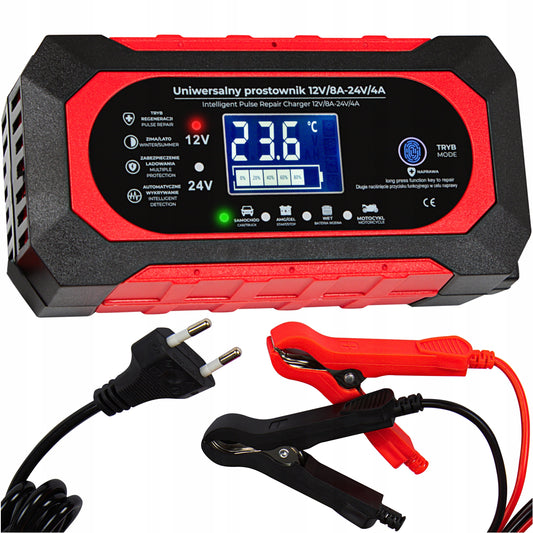 Automatinis akumuliatoriaus įkroviklis 12V/24V 8A su LCD ekranu ir akumuliatoriaus atnaujinimo funkcija – greitas, saugus ir universalus