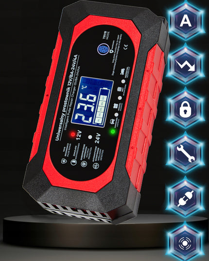 Automatinis akumuliatoriaus įkroviklis 12V/24V 8A su LCD ekranu ir akumuliatoriaus atnaujinimo funkcija – greitas, saugus ir universalus