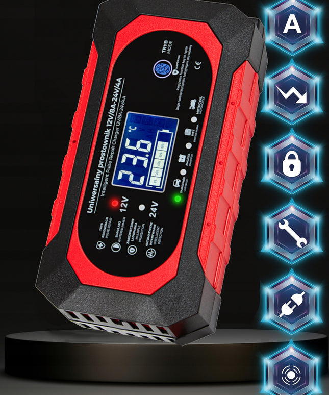 Automatinis akumuliatoriaus įkroviklis 12V/24V 8A su LCD ekranu ir akumuliatoriaus atnaujinimo funkcija – greitas, saugus ir universalus