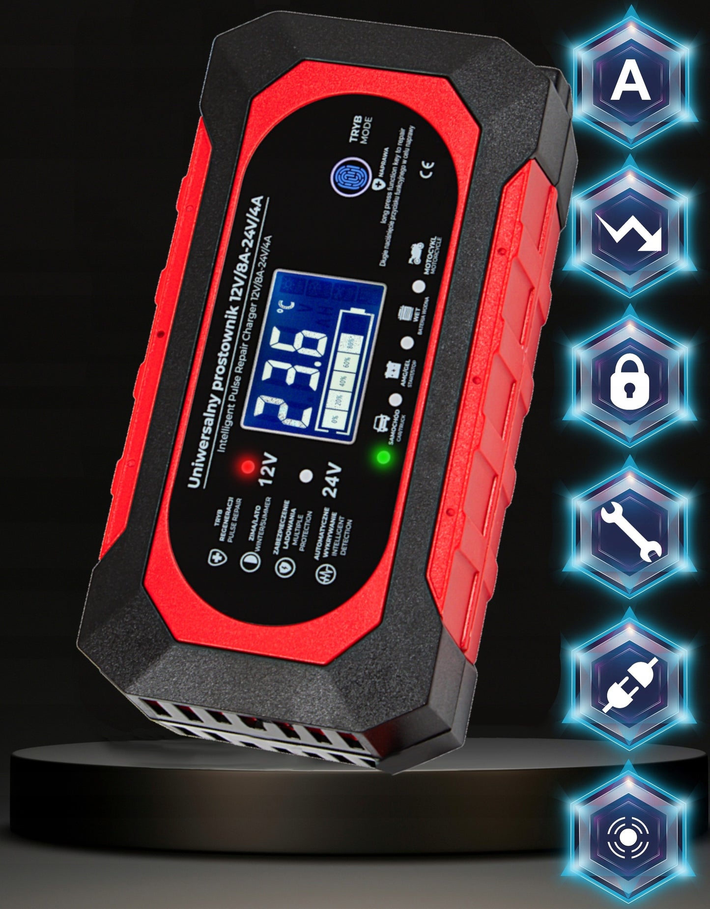 Automatinis akumuliatoriaus įkroviklis 12V/24V 8A su LCD ekranu ir akumuliatoriaus atnaujinimo funkcija – greitas, saugus ir universalus