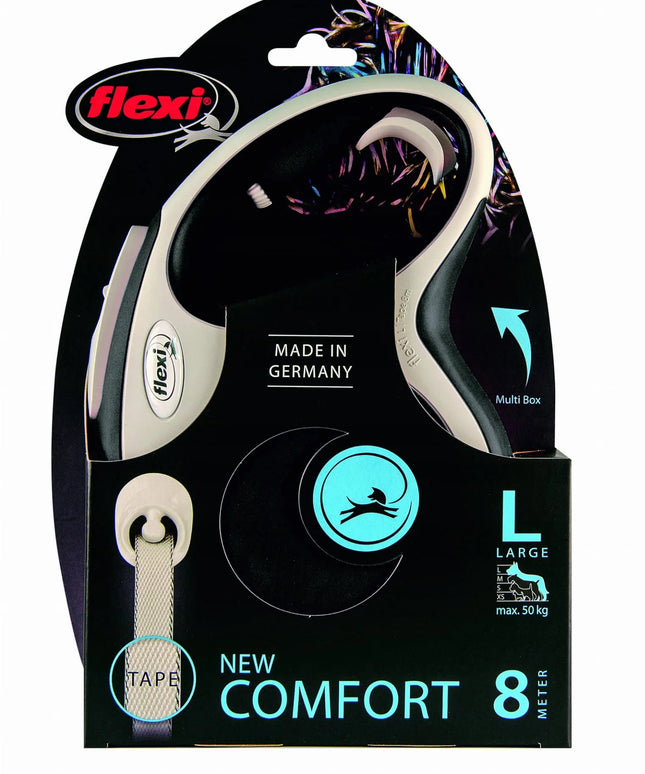 Automatinis „Flexi New Comfort“ pavadėlis – juodas, 8 m, L dydis, juostinis