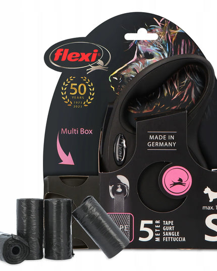 Automatinis „Flexi“ pavadėlis šunims, 5 m juostinis, su „Multi Box“ dėžute ir maišeliais