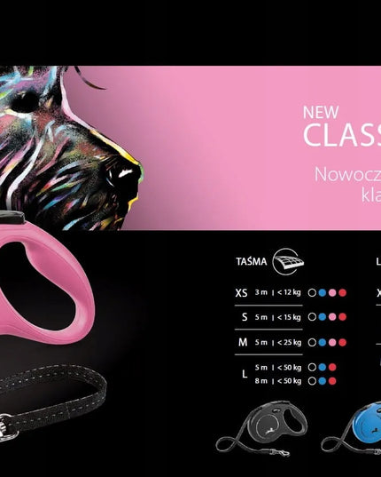 Automatinis pavadėlis Flexi New Classic, virvė, S dydis, 5 m, rožinis