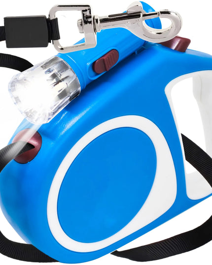 Automatinis pavadėlis šunims ir katėms, tvirtas diržas, 5 m, su stabdymu, iki 15 kg, LED žibintuvėlis