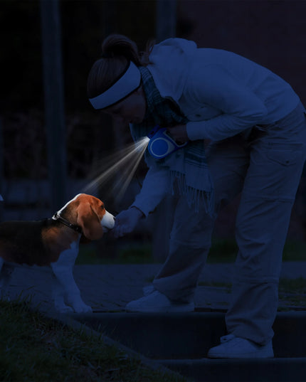 Automatinis pavadėlis šunims ir katėms, tvirtas diržas, 5 m, su stabdymu, iki 15 kg, LED žibintuvėlis