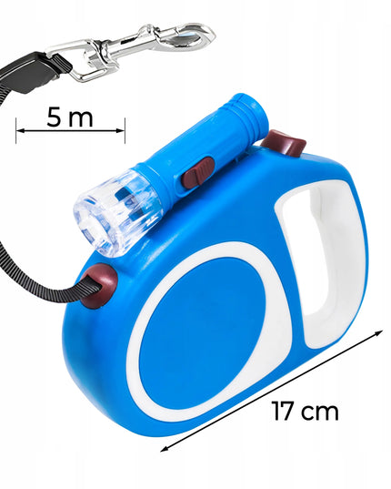 Automatinis pavadėlis šunims ir katėms, tvirtas diržas, 5 m, su stabdymu, iki 15 kg, LED žibintuvėlis