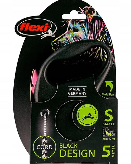 Automatinis šunų pavadėlis Flexi Black Design, virvelinis, S dydis, 5 m/12 kg, juodas su mėlynais elementais