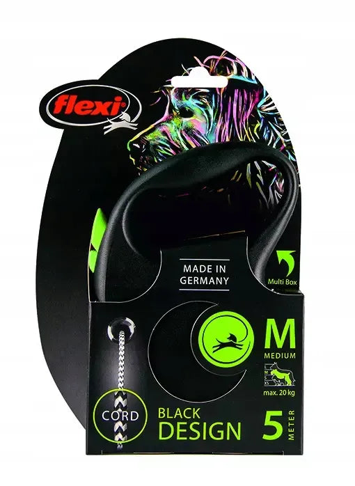 Automatinis šunų pavadėlis Flexi BLACK DESIGN virvutė, S, 5 m, juodas su žalia