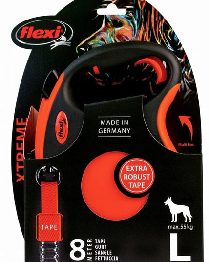 Automatinis šunų pavadėlis FLEXI Xtreme su juosta, dydis L, 8 m, oranžinis