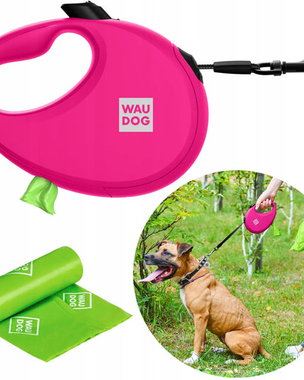 Automatinis šunų pavadėlis su maišelių dėtuve, atspindintis šviesą, M dydis, iki 20 kg