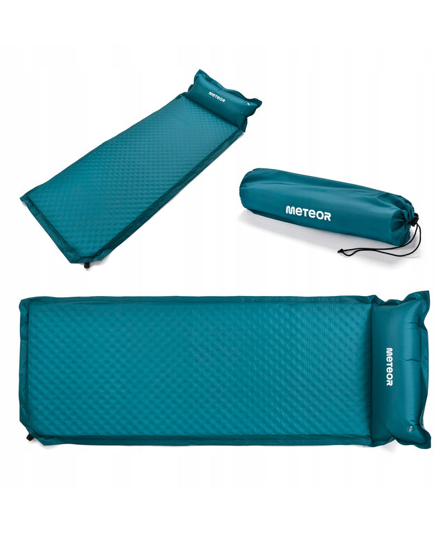 Automatiškai pripučiamas turistinis kilimėlis Meteor 188x66x3,8 cm su pagalvėle jūrinės spalvos stovyklavimui ir kelionėms
