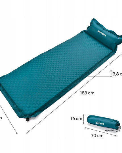 Automatiškai pripučiamas turistinis kilimėlis Meteor 188x66x3,8 cm su pagalvėle jūrinės spalvos stovyklavimui ir kelionėms