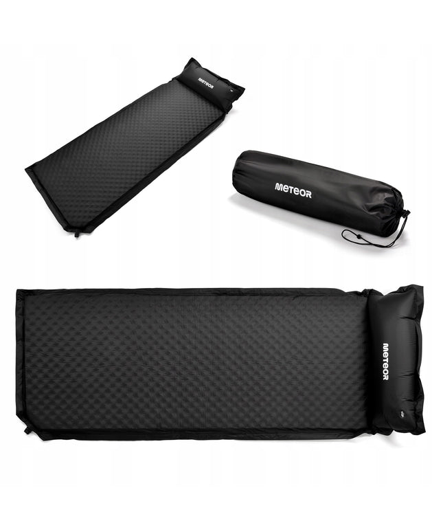 Automatiškai pripučiamas turistinis kilimėlis Meteor 200x66x3,8 cm su pagalvėle juodas stovyklavimui ir kelionėms